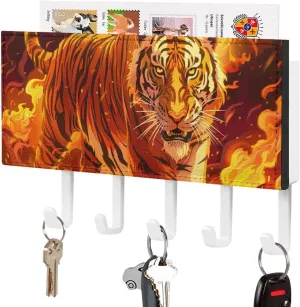 Flame Tiger Novelty Key Holder Funny Keys Hook Mail Organizer Hanging Rack Decor with 5 Hooks for Wall