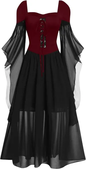FlekmanArt Womens Renaissance Costume Christmas Cosplay Party Dress Halloween Dress Cold Shoulder Butterfly Sleeve Dress