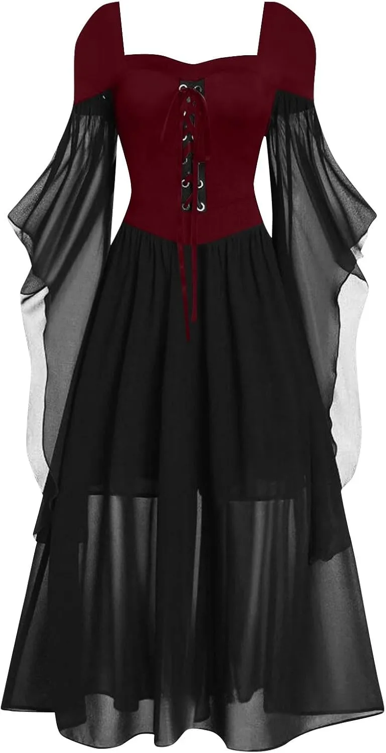 FlekmanArt Womens Renaissance Costume Christmas Cosplay Party Dress Halloween Dress Cold Shoulder Butterfly Sleeve Dress