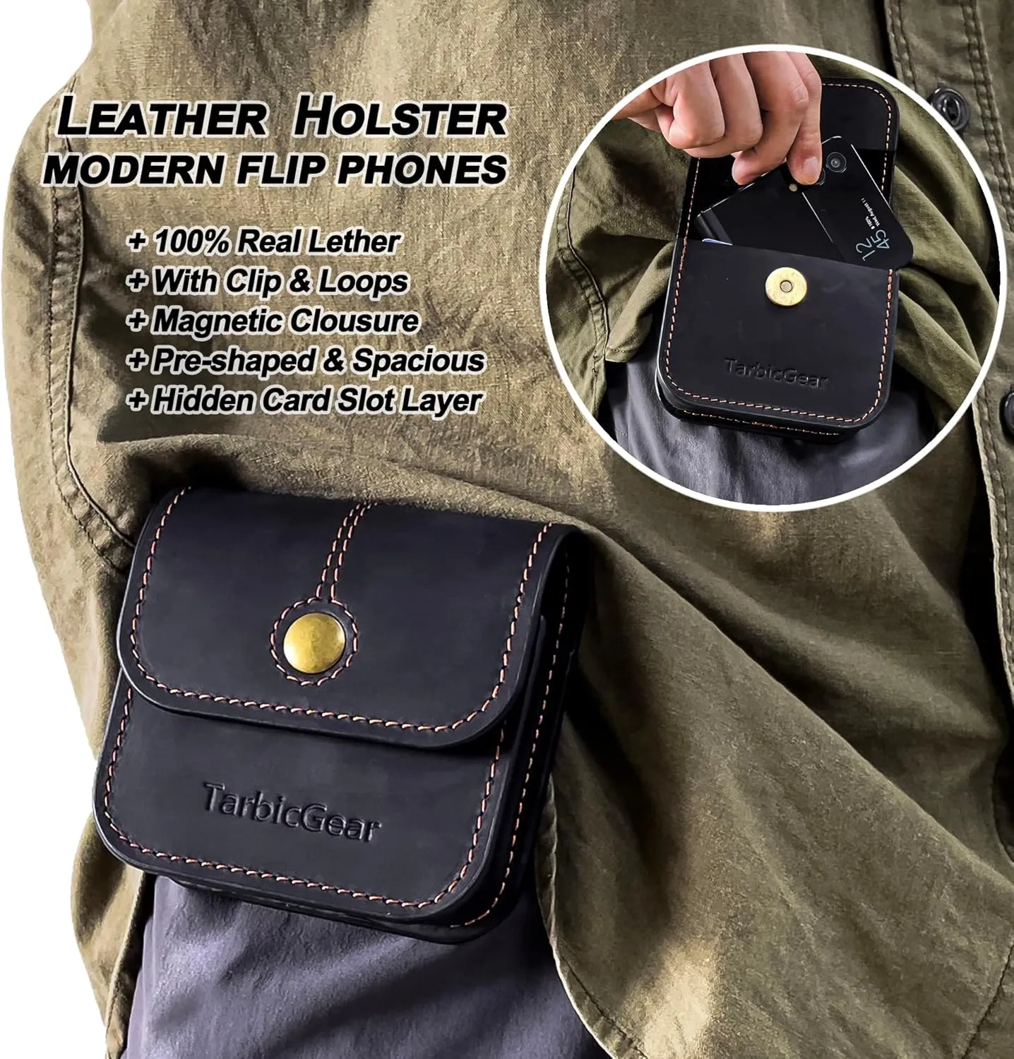 Flip Phone Holster for Motorola Razr, Samsung Z Flip 5/4/3 Series, Black Leather Belt Clip Case with Card Holder & Magnetic Closure