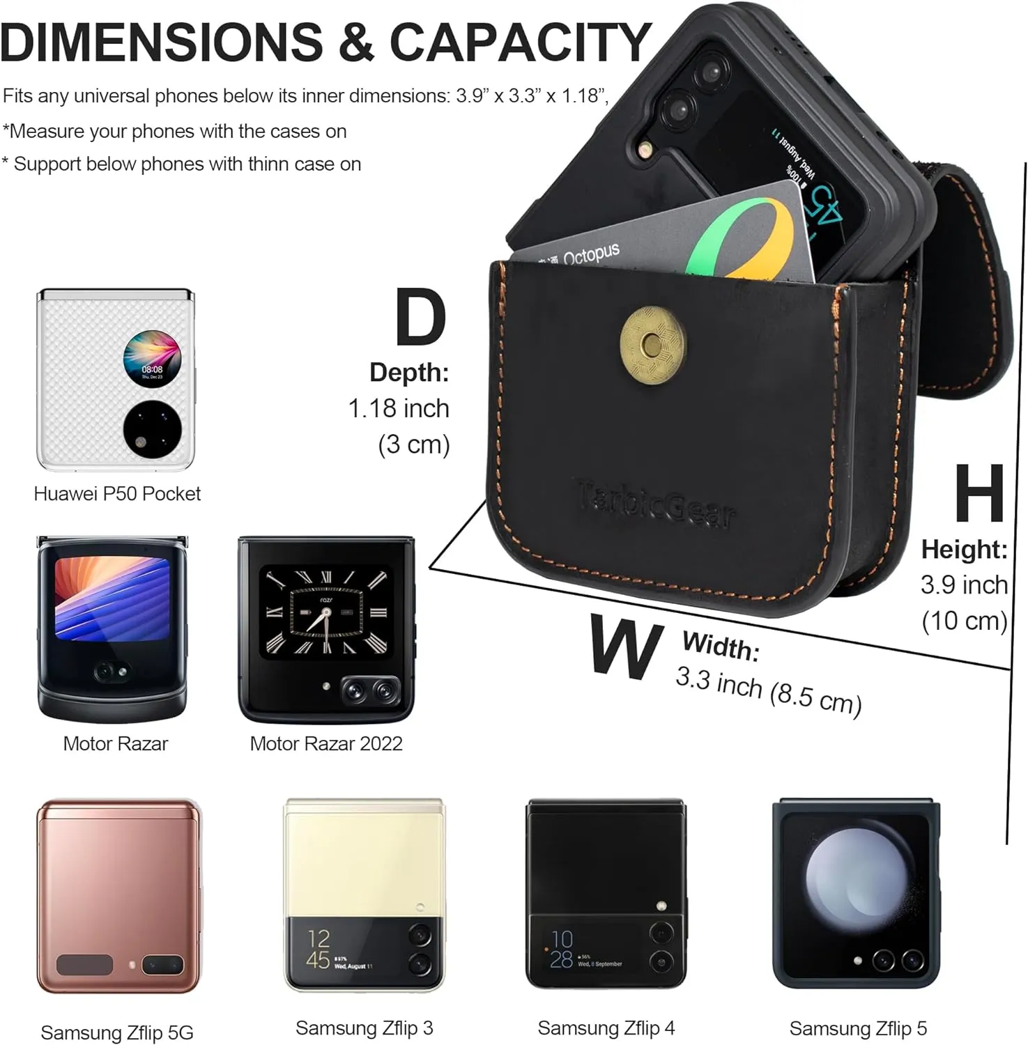 Flip Phone Holster for Motorola Razr, Samsung Z Flip 5/4/3 Series, Black Leather Belt Clip Case with Card Holder & Magnetic Closure