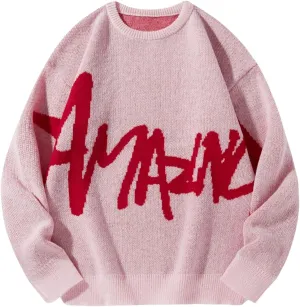 Floerns Men's Letter Print Long Sleeve Knit Wear Crewneck Pullover Sweaters