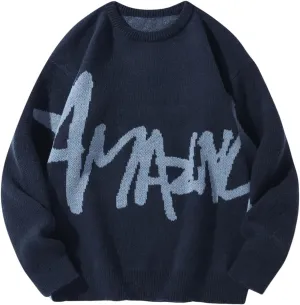 Floerns Men's Letter Print Long Sleeve Knit Wear Crewneck Pullover Sweaters