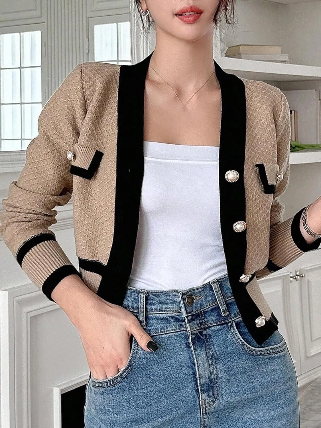 Floerns Women's Contrast Trim Long Sleeve Button Front V Neck Cardigan