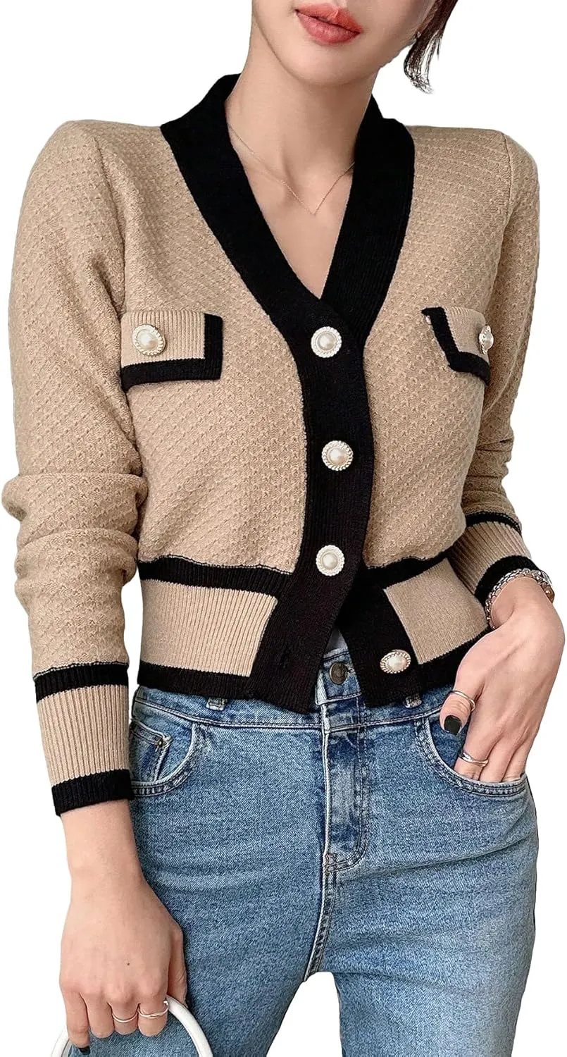 Floerns Women's Contrast Trim Long Sleeve Button Front V Neck Cardigan