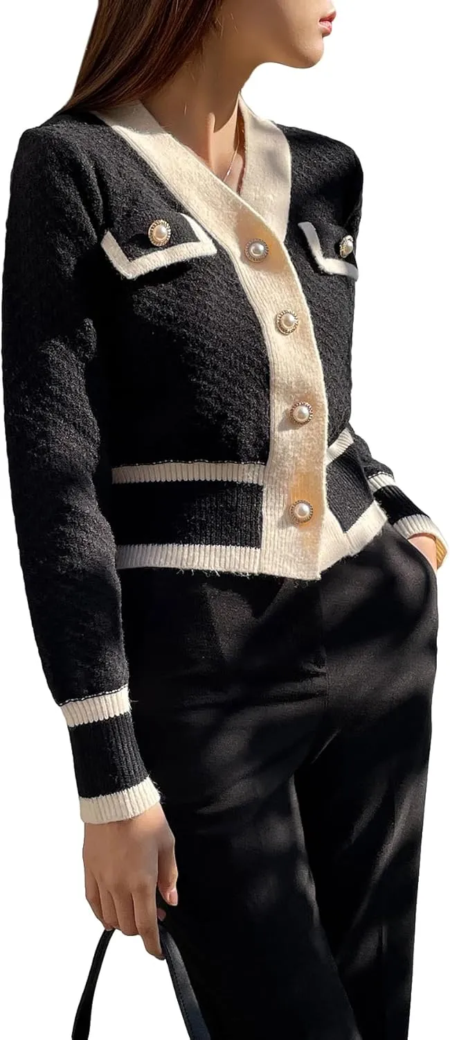 Floerns Women's Contrast Trim Long Sleeve Button Front V Neck Cardigan