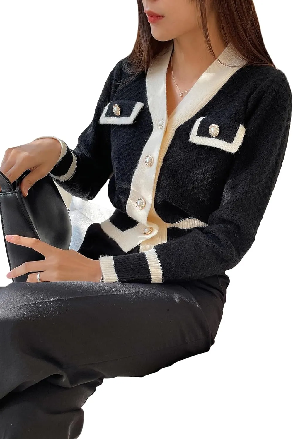 Floerns Women's Contrast Trim Long Sleeve Button Front V Neck Cardigan
