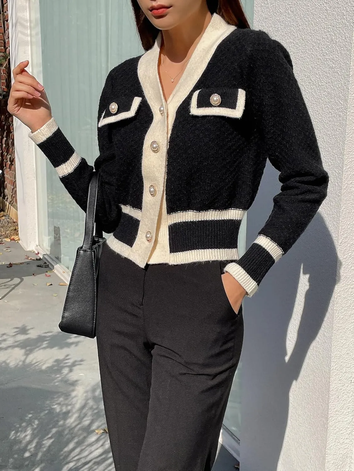 Floerns Women's Contrast Trim Long Sleeve Button Front V Neck Cardigan