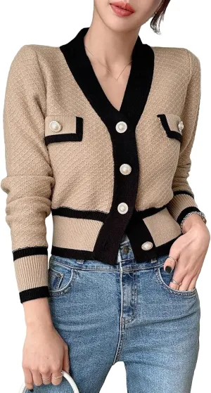 Floerns Women's Contrast Trim Long Sleeve Button Front V Neck Cardigan