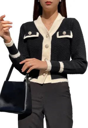 Floerns Women's Contrast Trim Long Sleeve Button Front V Neck Cardigan