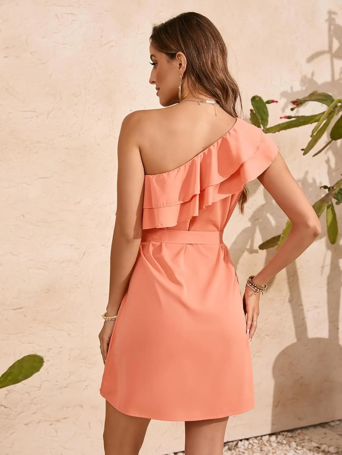 Floerns Women's One Shoulder Tiered Layered Sleeveless Ruffle Trim Tunic Dress