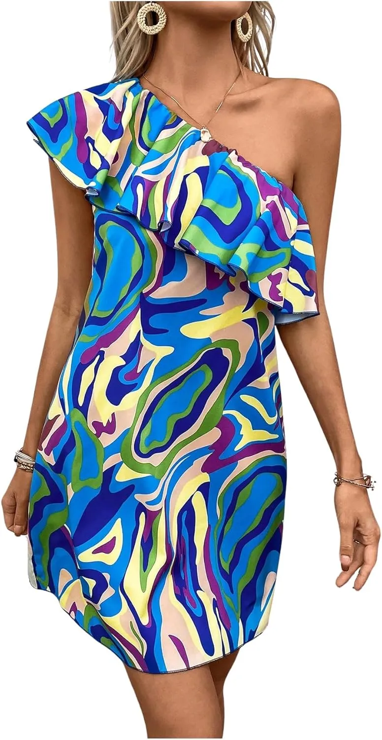 Floerns Women's One Shoulder Tiered Layered Sleeveless Ruffle Trim Tunic Dress