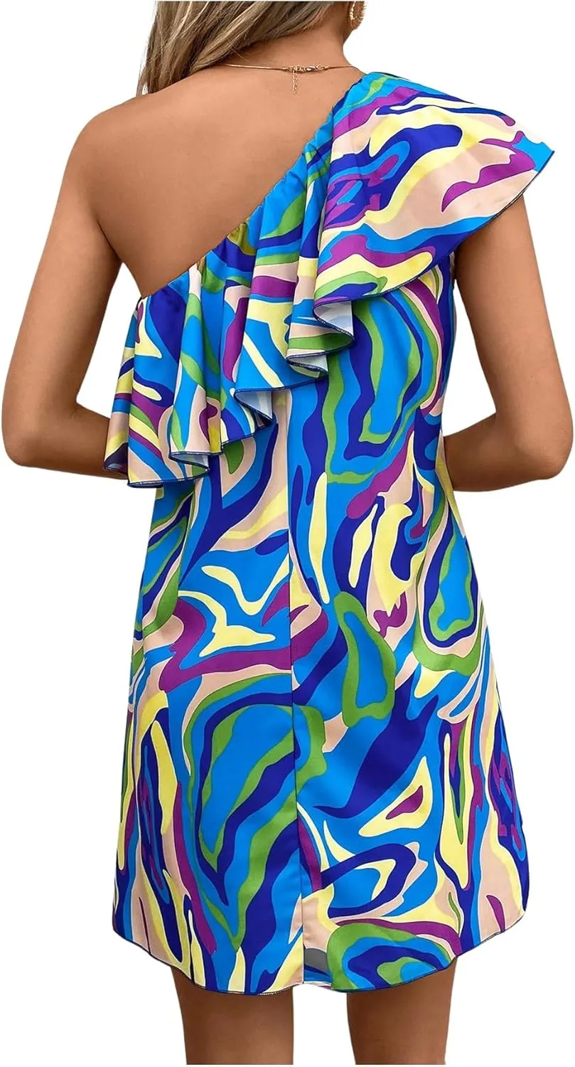 Floerns Women's One Shoulder Tiered Layered Sleeveless Ruffle Trim Tunic Dress