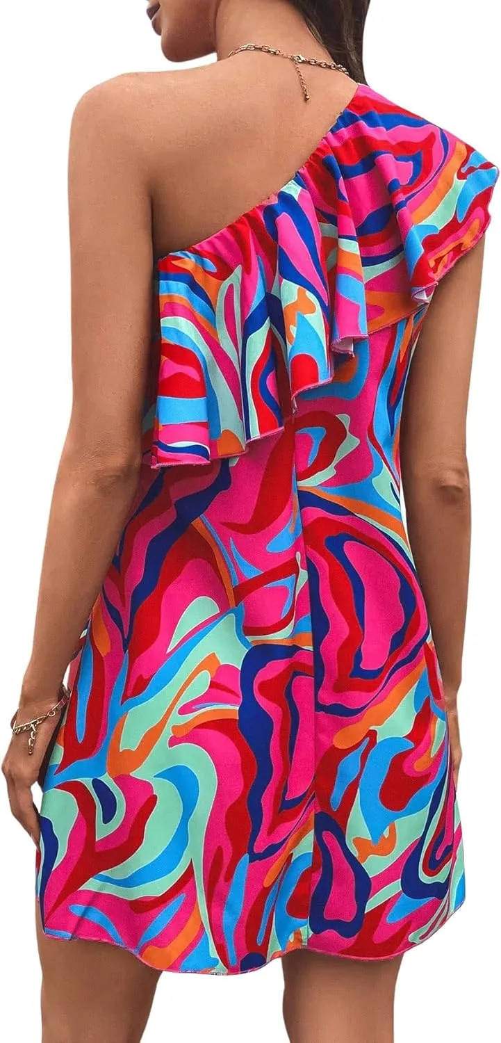 Floerns Women's One Shoulder Tiered Layered Sleeveless Ruffle Trim Tunic Dress