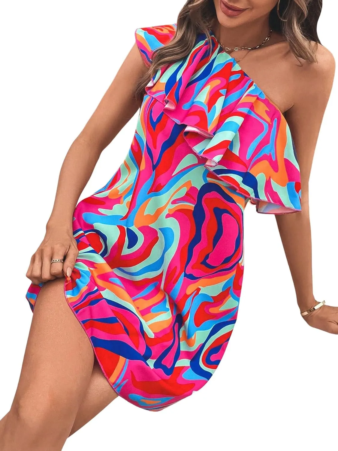 Floerns Women's One Shoulder Tiered Layered Sleeveless Ruffle Trim Tunic Dress