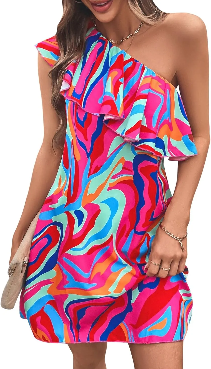 Floerns Women's One Shoulder Tiered Layered Sleeveless Ruffle Trim Tunic Dress
