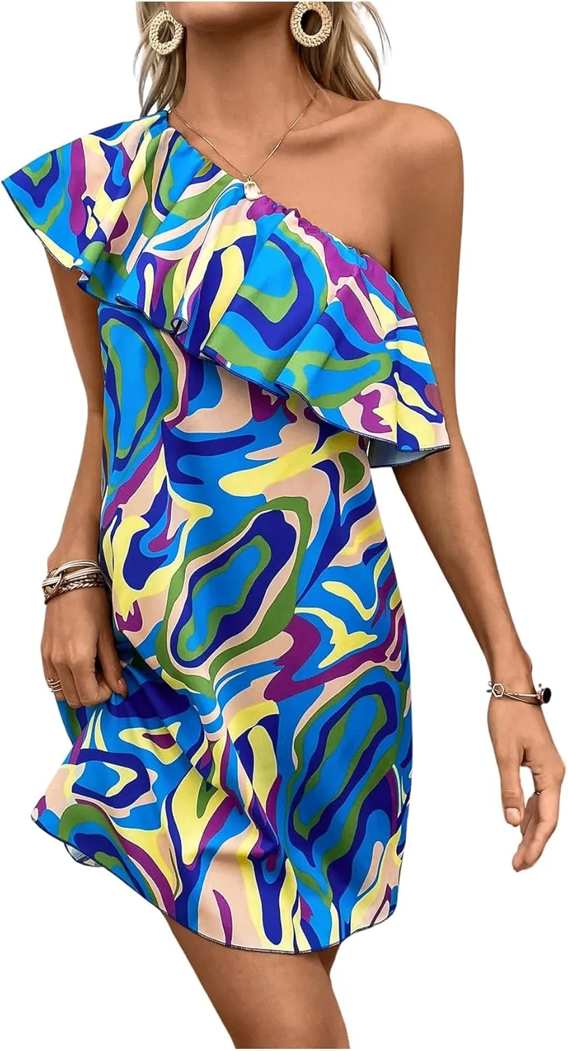 Floerns Women's One Shoulder Tiered Layered Sleeveless Ruffle Trim Tunic Dress