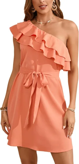 Floerns Women's One Shoulder Tiered Layered Sleeveless Ruffle Trim Tunic Dress