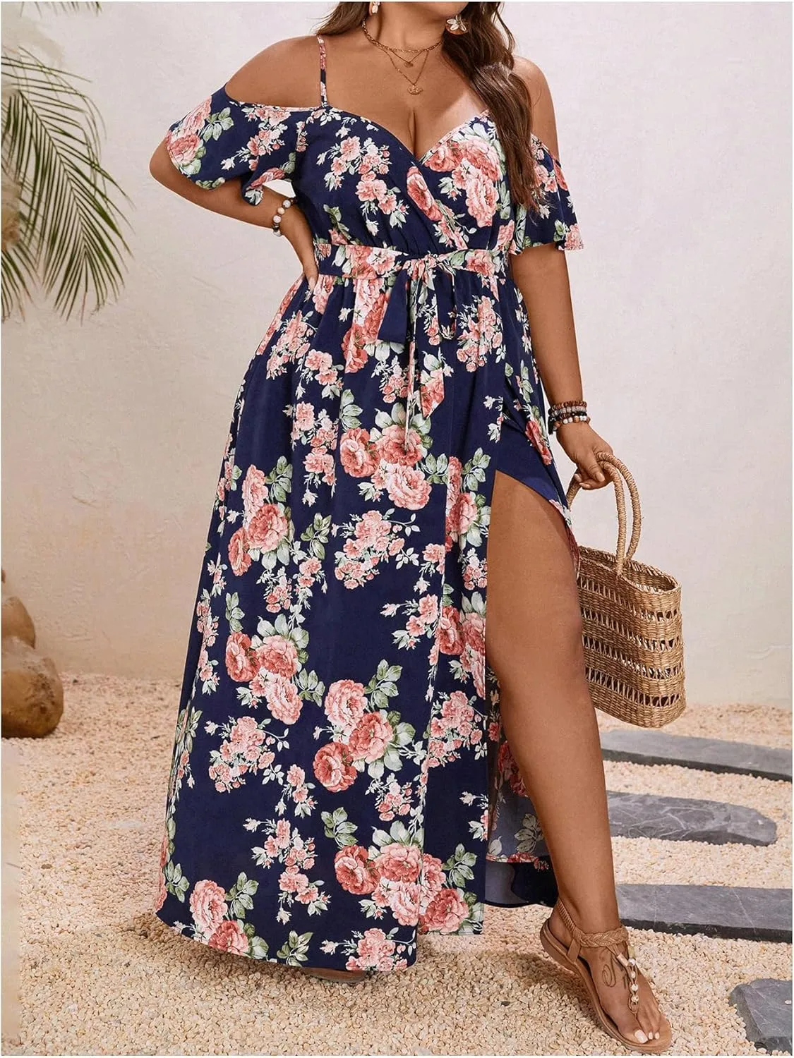 Floerns Women's Plus Size Cold Shoulder Short Sleeve Split Thigh Long Dress