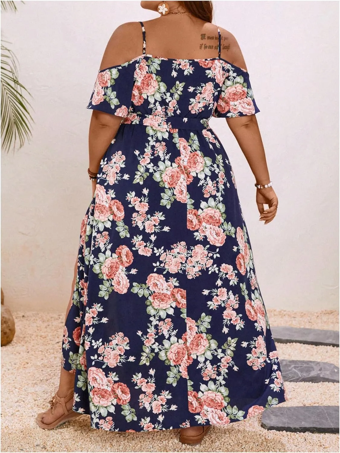 Floerns Women's Plus Size Cold Shoulder Short Sleeve Split Thigh Long Dress