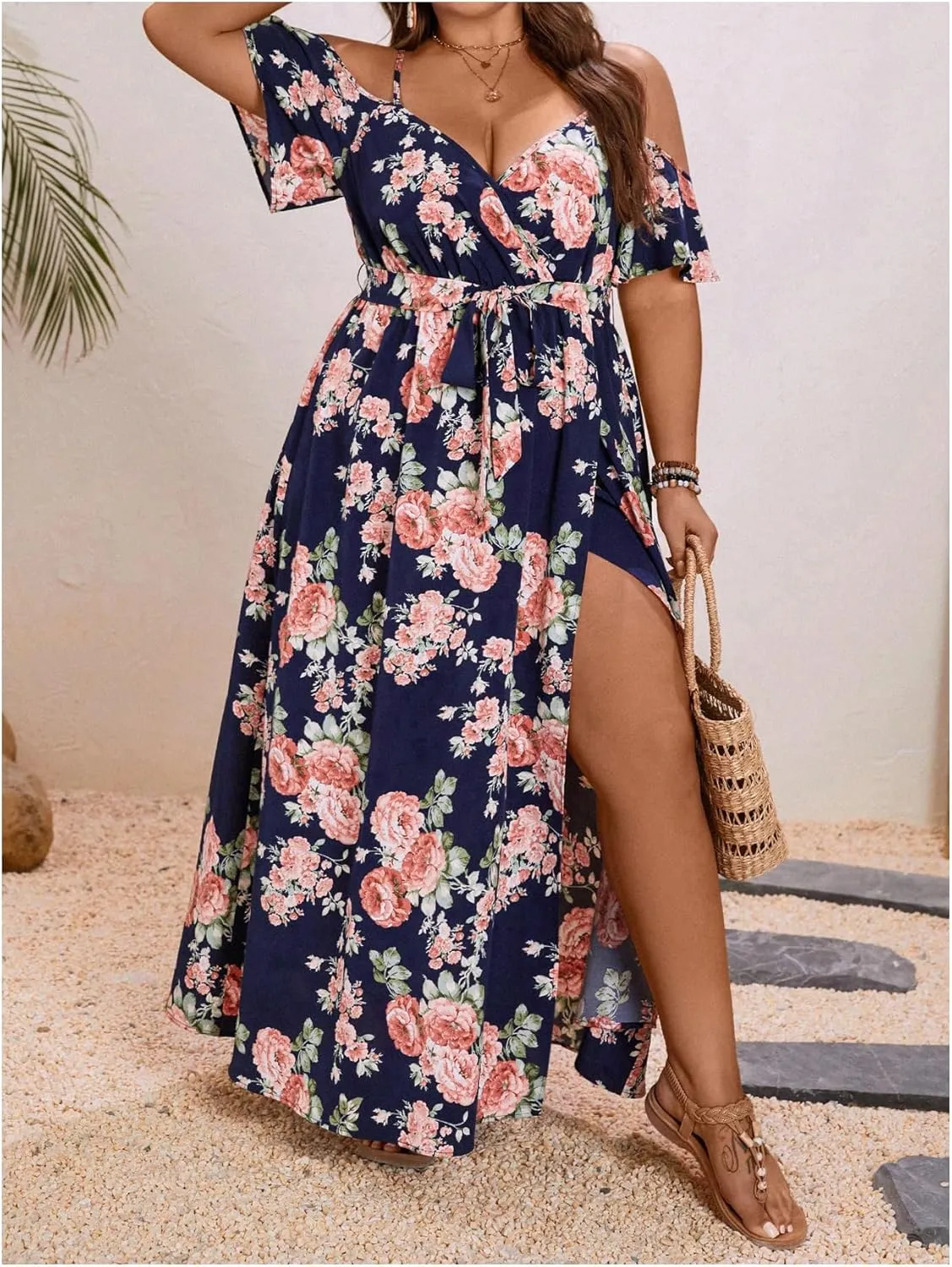 Floerns Women's Plus Size Cold Shoulder Short Sleeve Split Thigh Long Dress