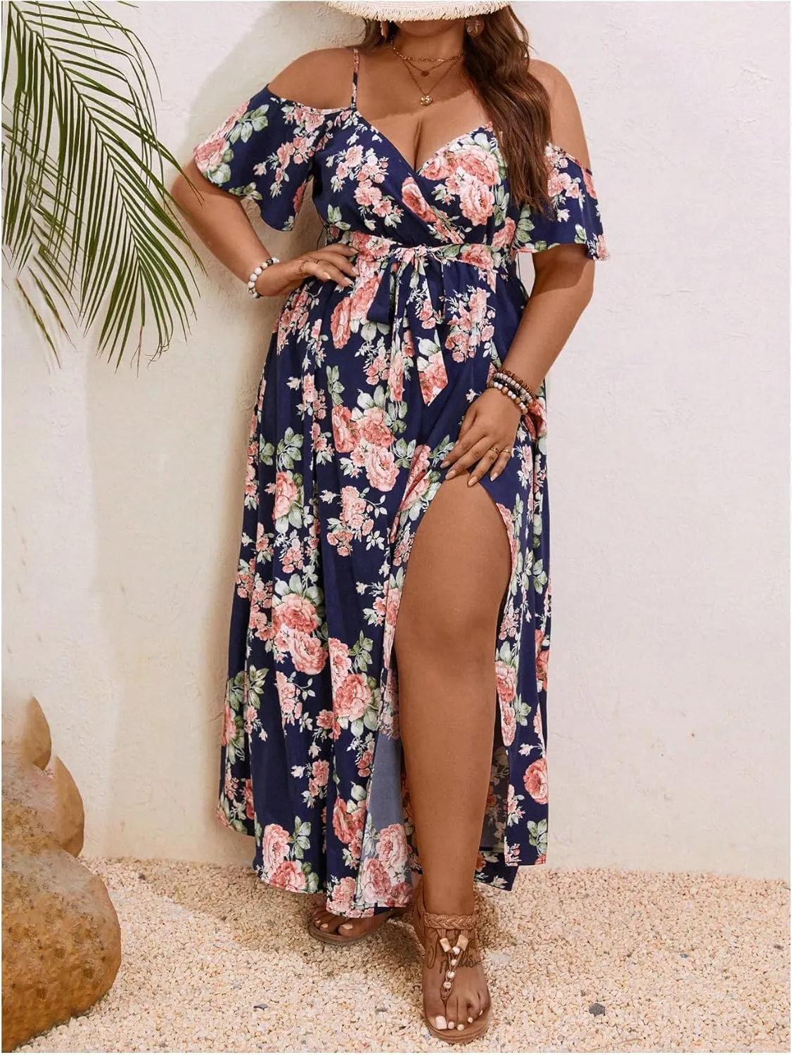 Floerns Women's Plus Size Cold Shoulder Short Sleeve Split Thigh Long Dress