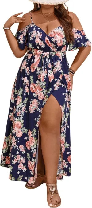 Floerns Women's Plus Size Cold Shoulder Short Sleeve Split Thigh Long Dress