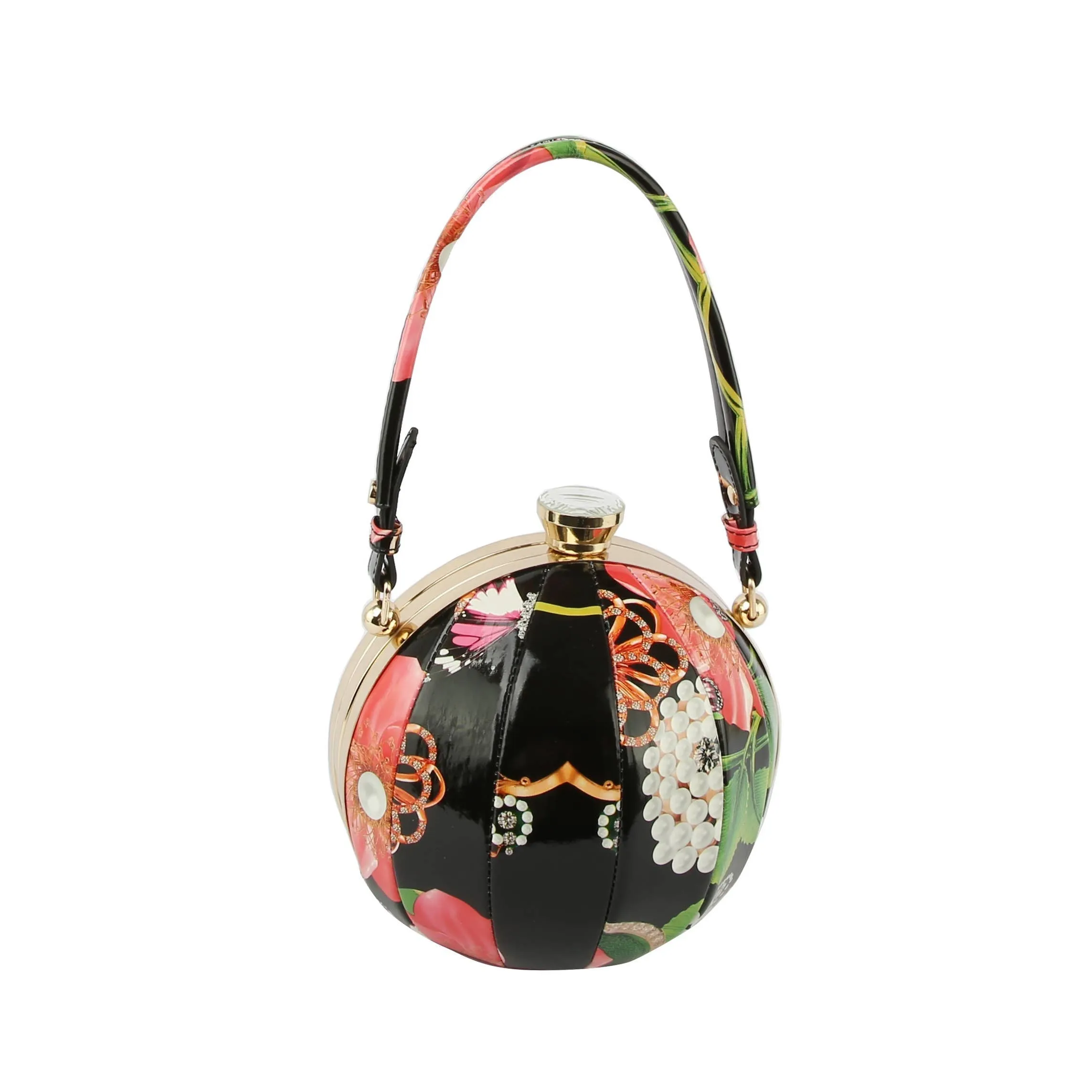 Flower Butterfly Print Patent Satchel Bag