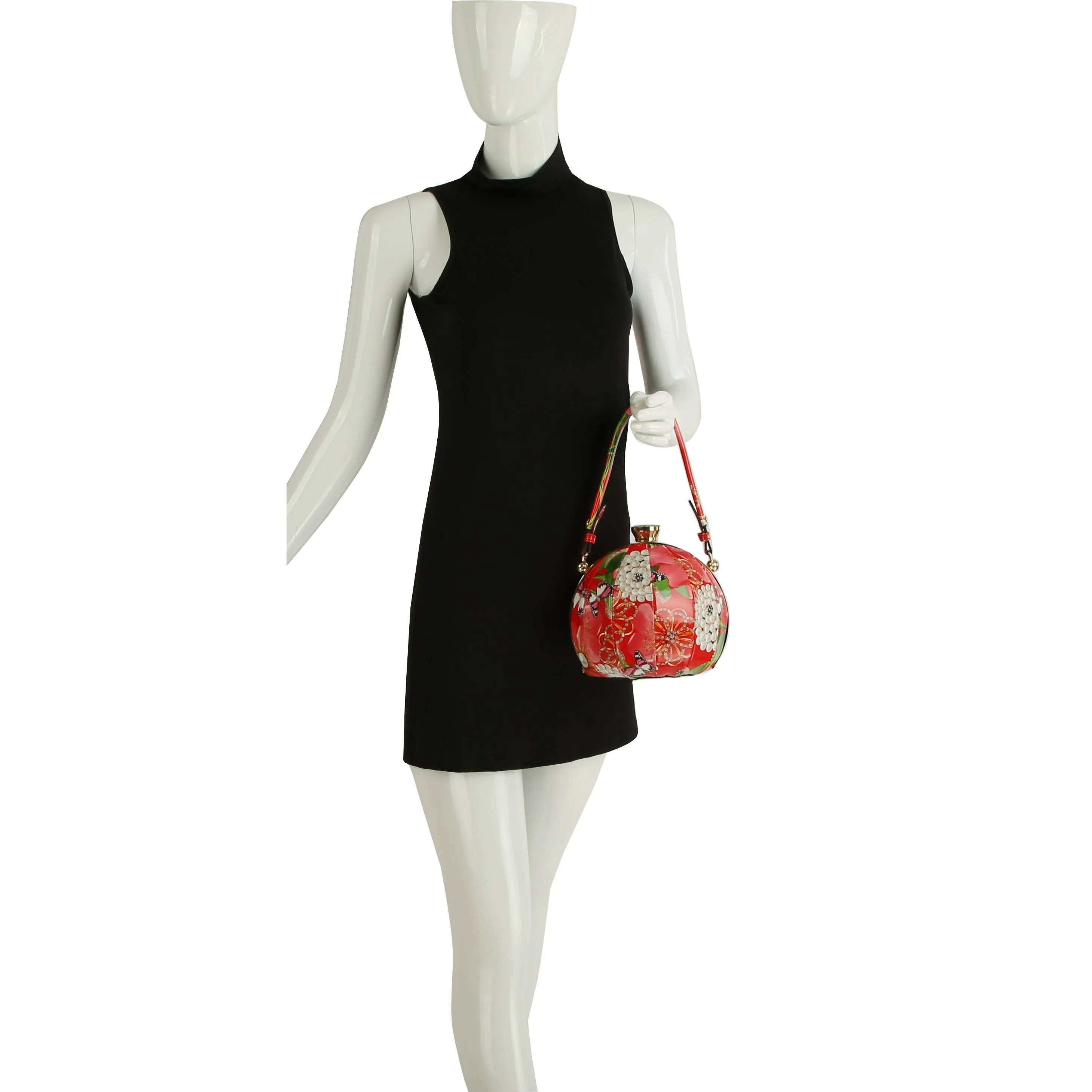 Flower Butterfly Print Patent Satchel Bag