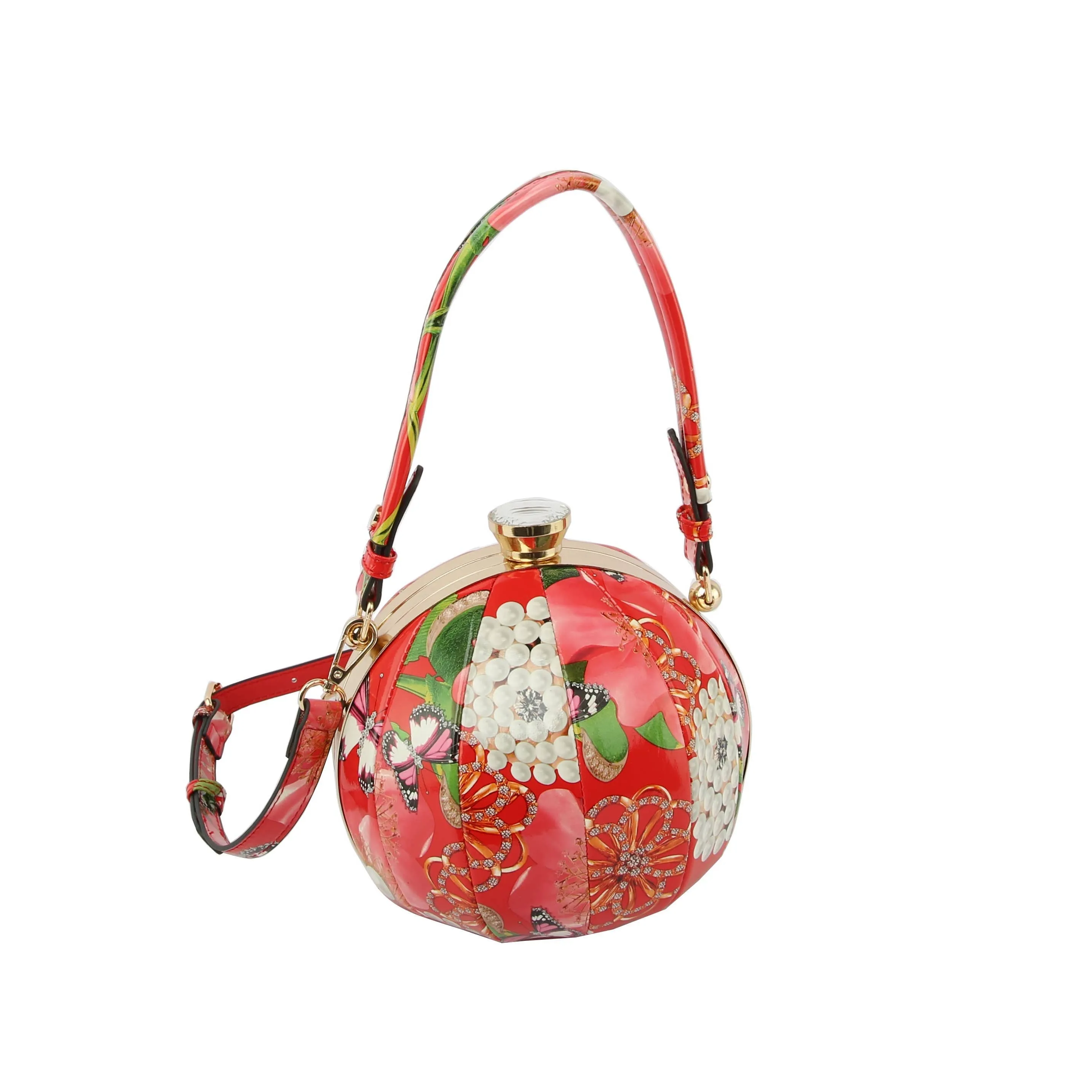 Flower Butterfly Print Patent Satchel Bag
