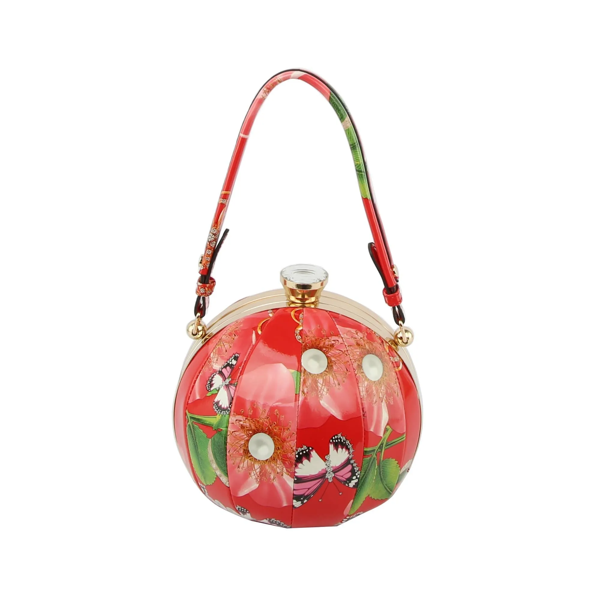 Flower Butterfly Print Patent Satchel Bag