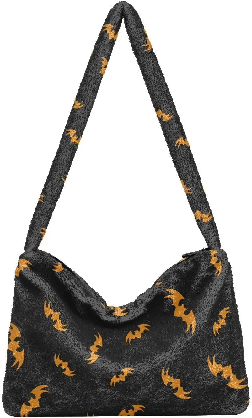 Fluffy Furry Tote Bag Fuzzy Cute Plush Underarm Bag Women Ladies Shoulder Handbag Purse for Autumn and Winter Bat Print