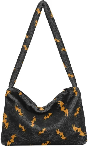 Fluffy Furry Tote Bag Fuzzy Cute Plush Underarm Bag Women Ladies Shoulder Handbag Purse for Autumn and Winter Bat Print
