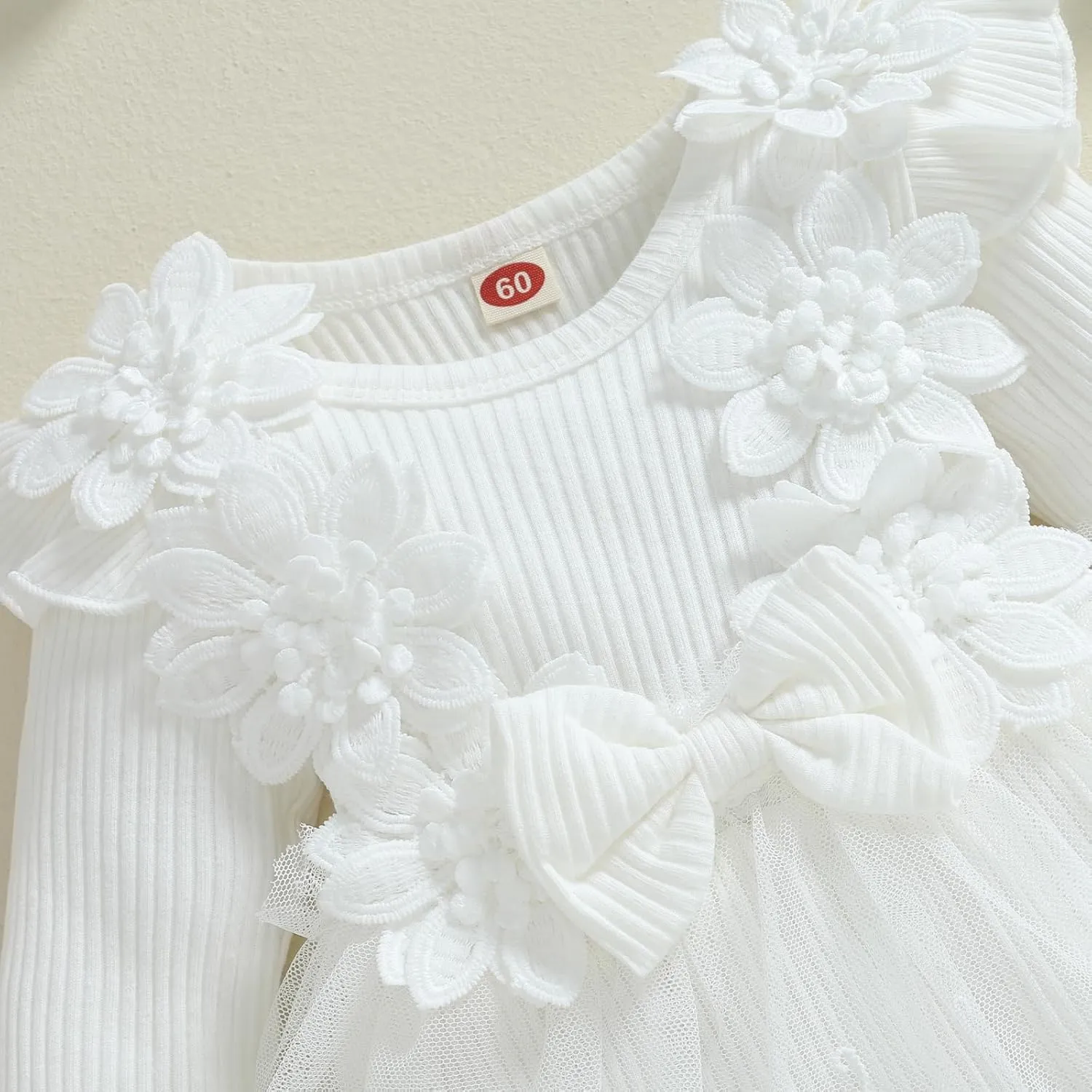 FOMOYUU Newborn Baby Girl Fall Winter Outfit Lace Mesh Ribbed Romper Dress Long Sleeve Floral Clothes with Bow Headband