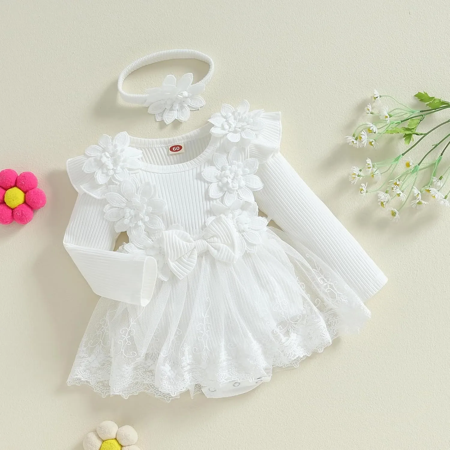 FOMOYUU Newborn Baby Girl Fall Winter Outfit Lace Mesh Ribbed Romper Dress Long Sleeve Floral Clothes with Bow Headband