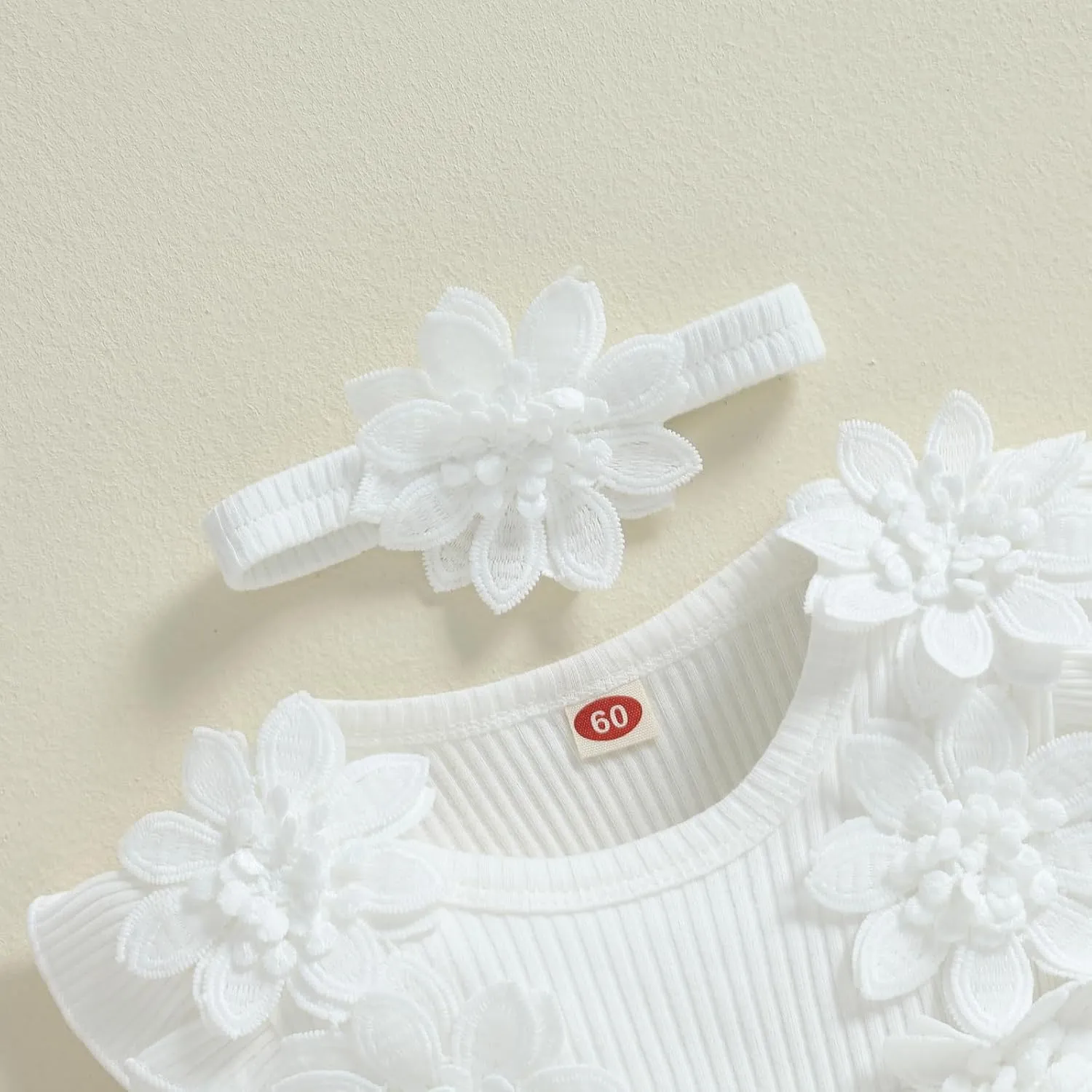 FOMOYUU Newborn Baby Girl Fall Winter Outfit Lace Mesh Ribbed Romper Dress Long Sleeve Floral Clothes with Bow Headband