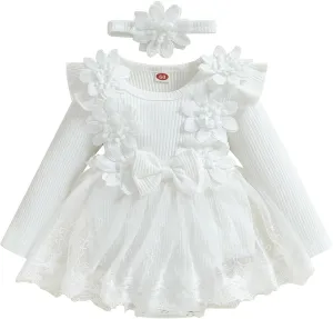 FOMOYUU Newborn Baby Girl Fall Winter Outfit Lace Mesh Ribbed Romper Dress Long Sleeve Floral Clothes with Bow Headband
