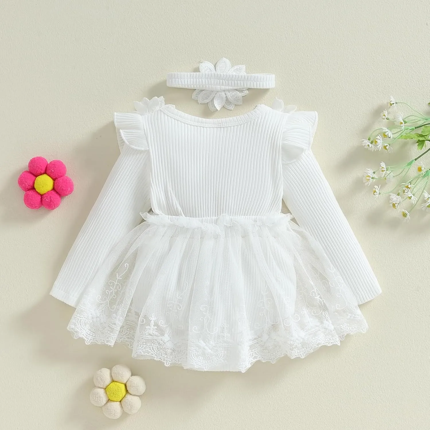 FOMOYUU Newborn Baby Girl Fall Winter Outfit Lace Mesh Ribbed Romper Dress Long Sleeve Floral Clothes with Bow Headband
