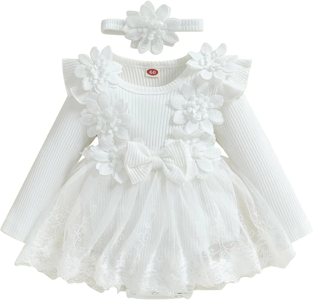 FOMOYUU Newborn Baby Girl Fall Winter Outfit Lace Mesh Ribbed Romper Dress Long Sleeve Floral Clothes with Bow Headband