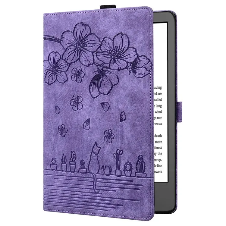 For Amazon Kindle Paperwhite (2024) Case Flip Stand Leather Tablet Cover Cherry Blossom Cat Imprinted