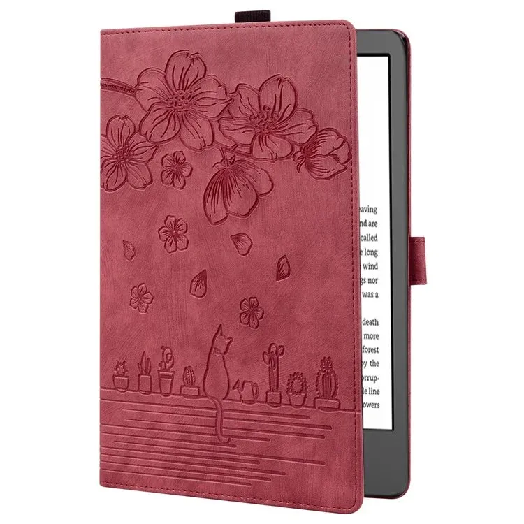 For Amazon Kindle Paperwhite (2024) Case Flip Stand Leather Tablet Cover Cherry Blossom Cat Imprinted