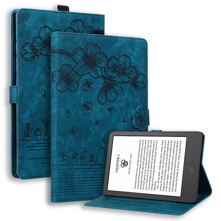 For Amazon Kindle Paperwhite (2024) Case Flip Stand Leather Tablet Cover Cherry Blossom Cat Imprinted