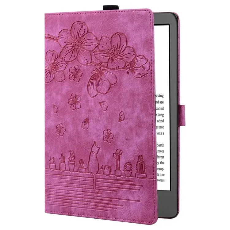 For Amazon Kindle Paperwhite (2024) Case Flip Stand Leather Tablet Cover Cherry Blossom Cat Imprinted