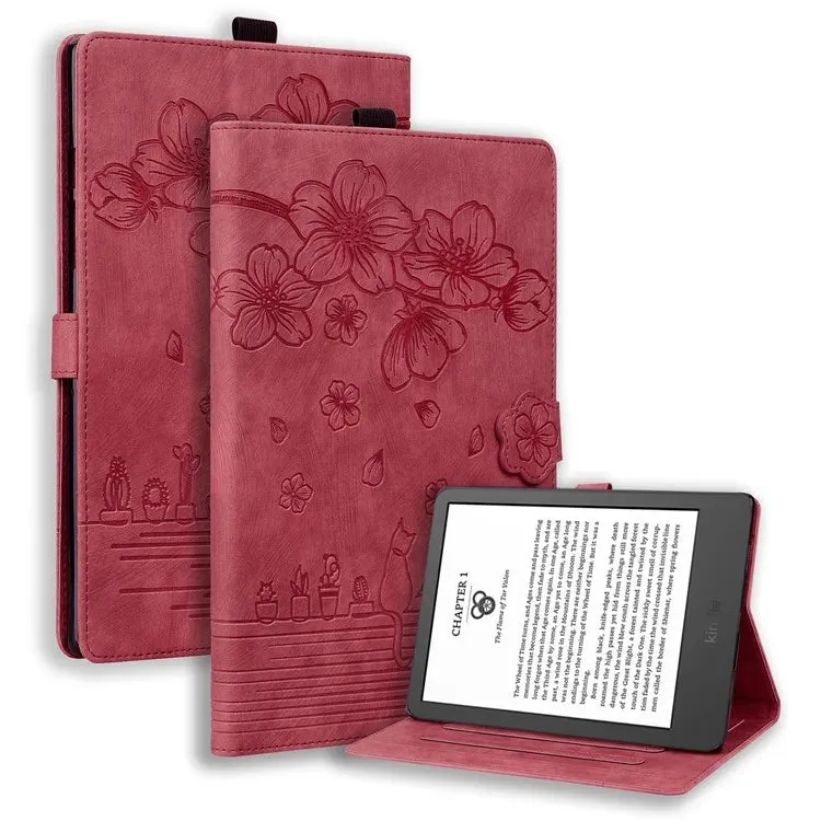For Amazon Kindle Paperwhite (2024) Case Flip Stand Leather Tablet Cover Cherry Blossom Cat Imprinted