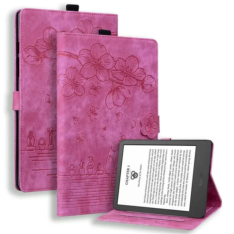 For Amazon Kindle Paperwhite (2024) Case Flip Stand Leather Tablet Cover Cherry Blossom Cat Imprinted