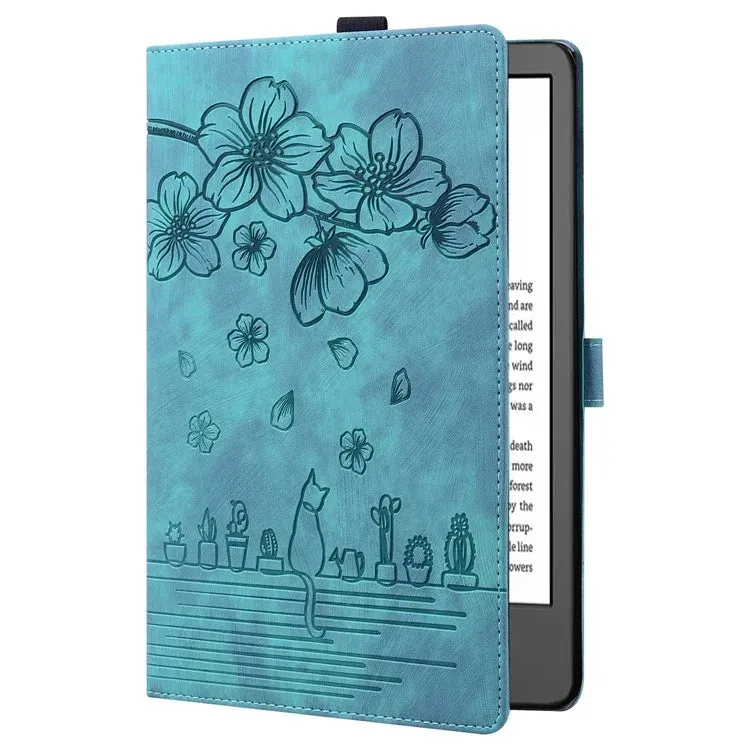 For Amazon Kindle Paperwhite (2024) Case Flip Stand Leather Tablet Cover Cherry Blossom Cat Imprinted