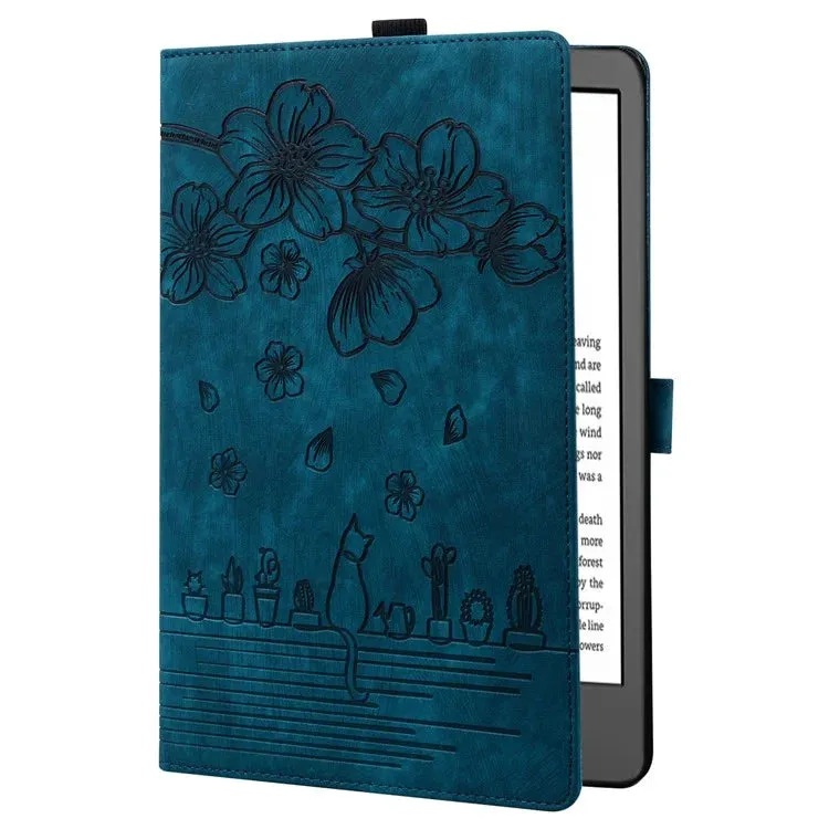 For Amazon Kindle Paperwhite (2024) Case Flip Stand Leather Tablet Cover Cherry Blossom Cat Imprinted