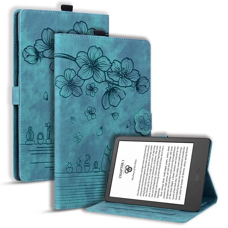 For Amazon Kindle Paperwhite (2024) Case Flip Stand Leather Tablet Cover Cherry Blossom Cat Imprinted