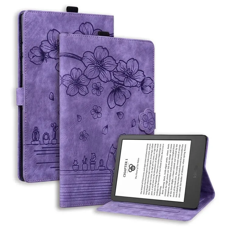 For Amazon Kindle Paperwhite (2024) Case Flip Stand Leather Tablet Cover Cherry Blossom Cat Imprinted