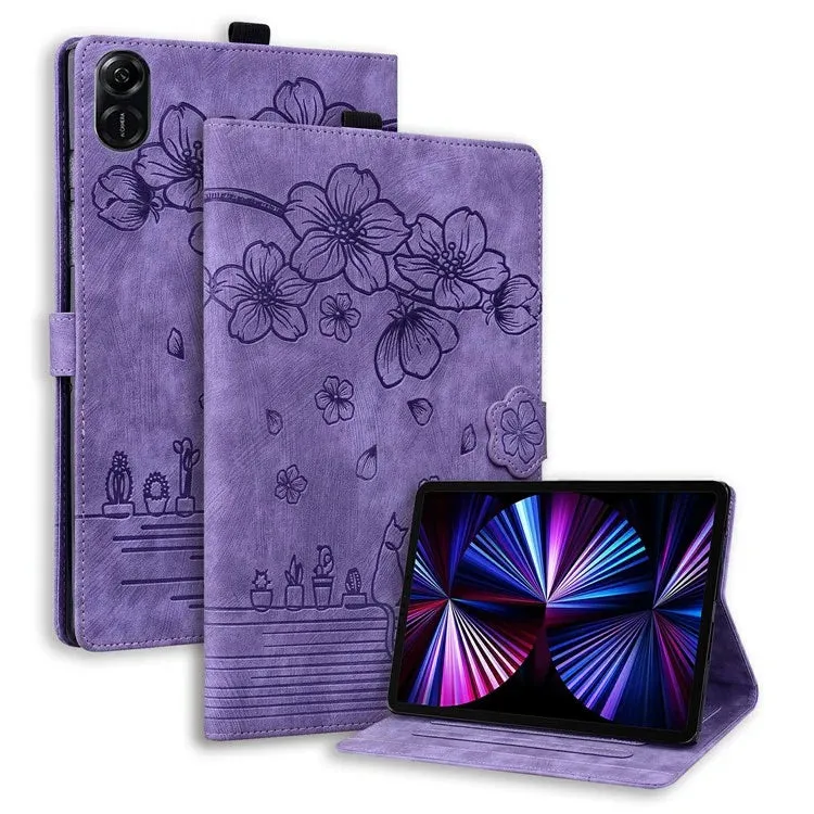 For Honor Pad X8a Case Flip Stand Leather Tablet Cover Cherry Blossom Cat Imprinted